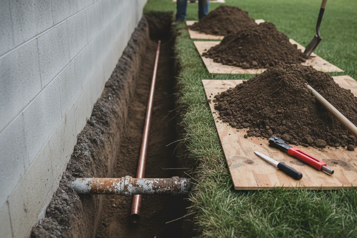Excavated water line trench during Water Softener Installation in Kualapuu